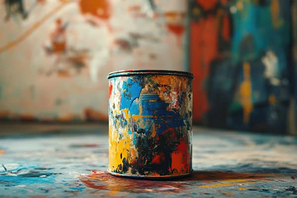 Old paint can covered in used paint