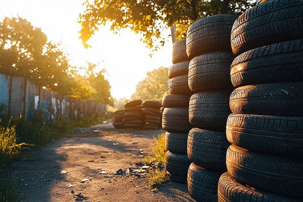 Stacks of old tires sitting in the grass